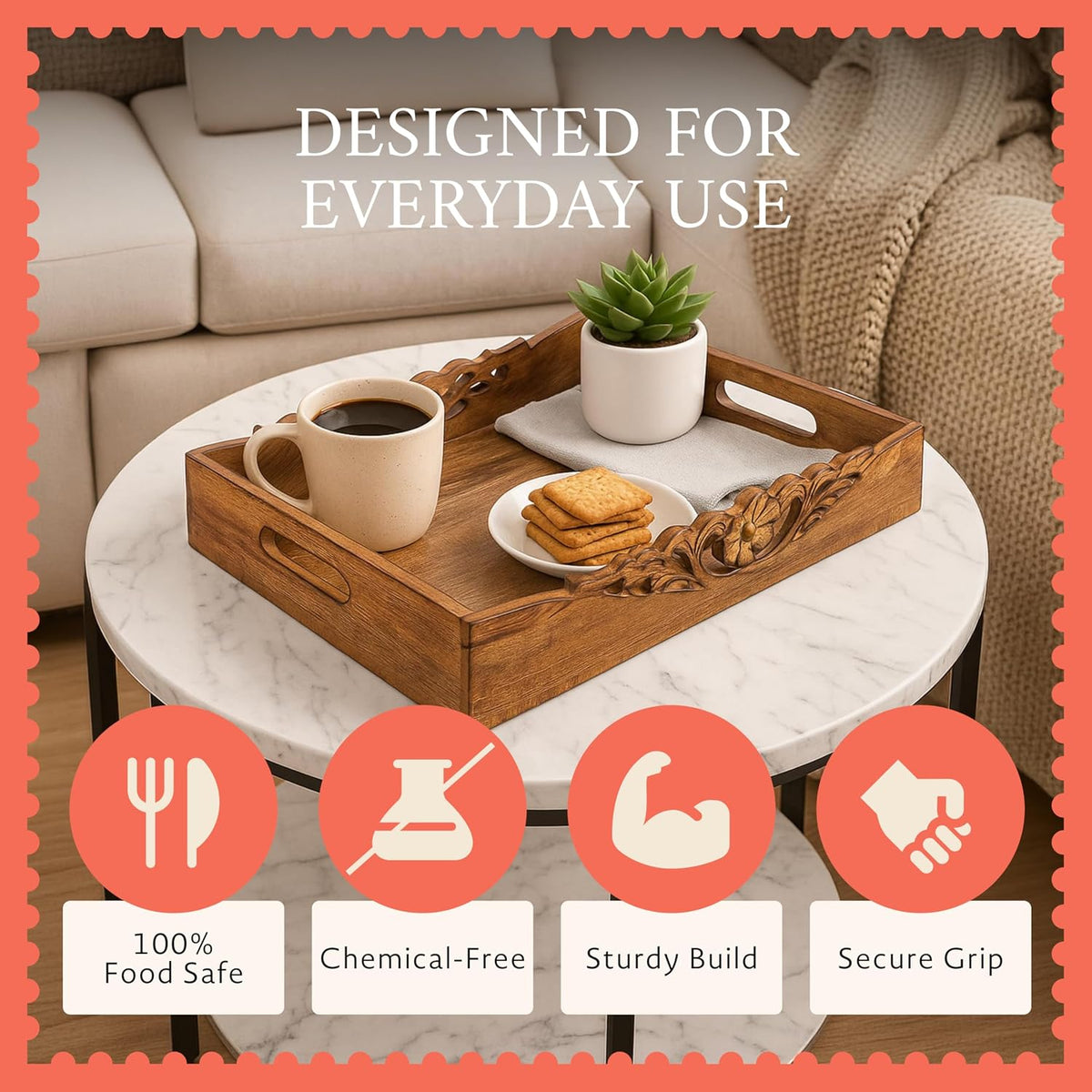Mela Artisans Orchid Mango Wood Serving Tray - Medium Burnt, 16x12 in | Handcrafted serving tray board with handles for breakfast, coffee and home décor, utilizing built-in base felt pads.