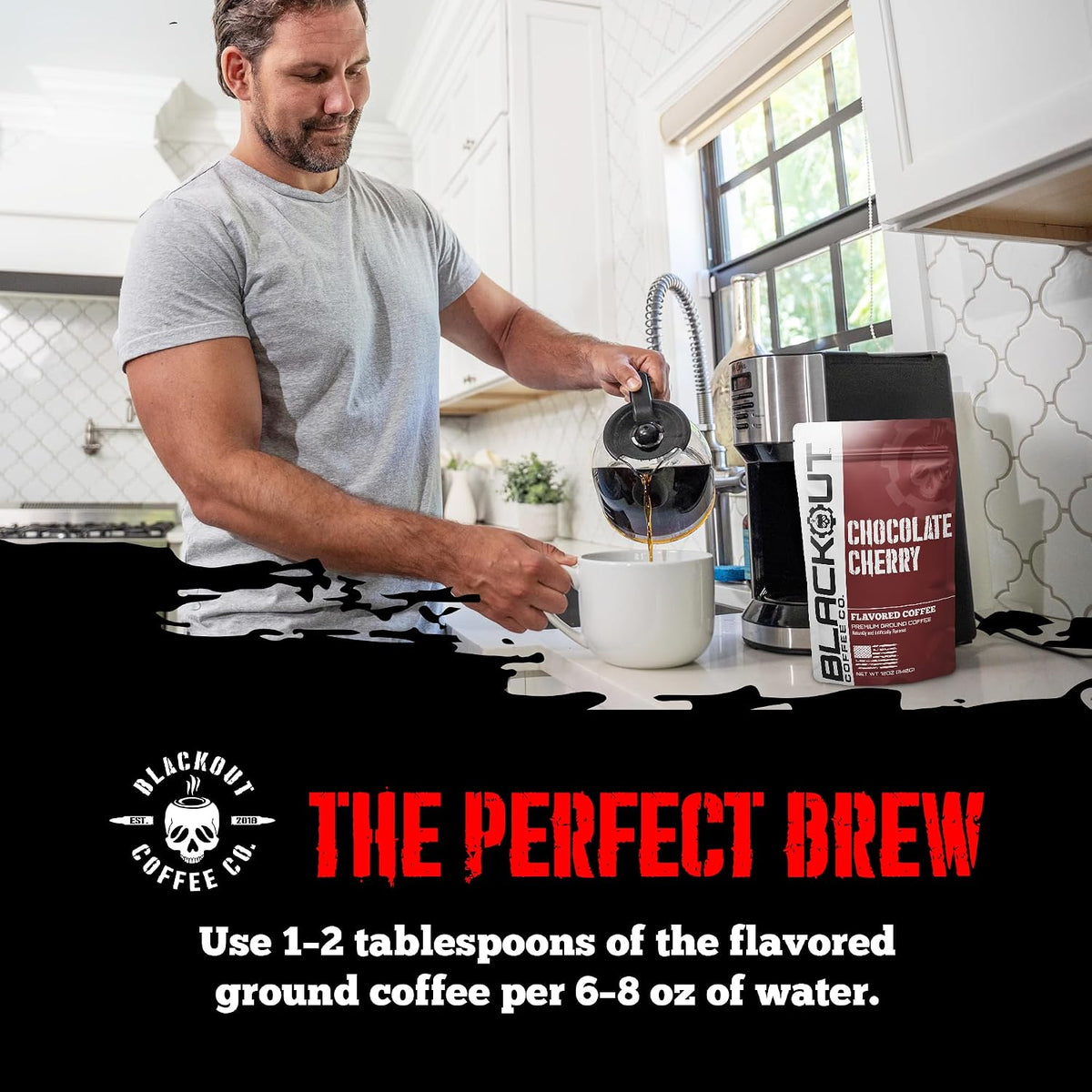 Blackout Coffee Chocolate Cherry Flavored Ground Coffee – Medium Roast, Smooth Taste, Guilt-Free Indulgence – Freshly Roasted 12oz Pouch.
