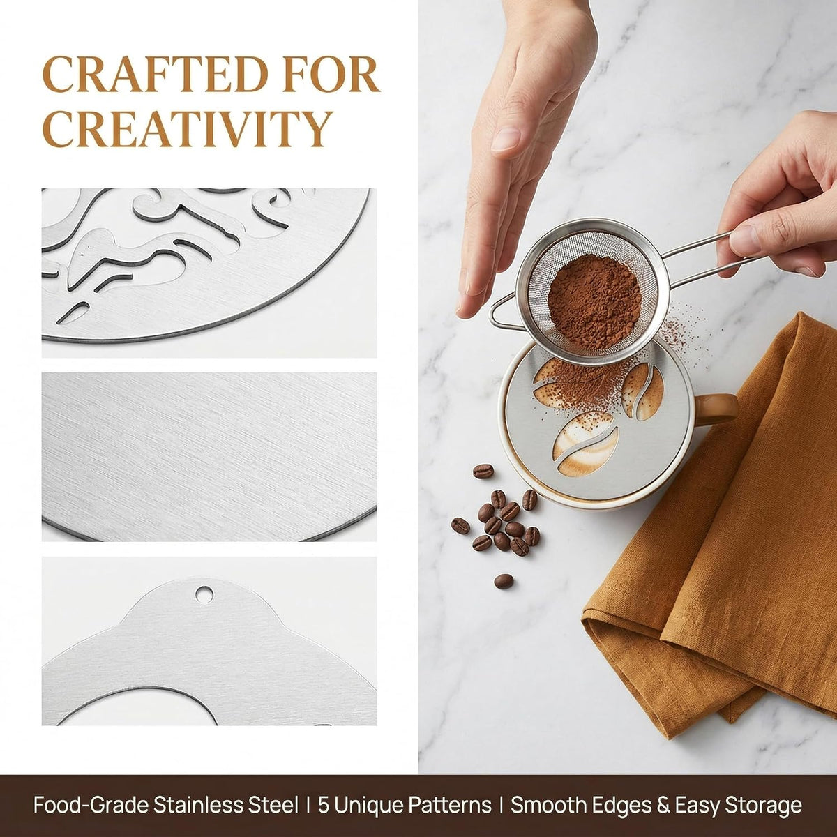 5Pcs Stainless Decorating Stencils, Metal Foam Latte Art Templates, Reusable Cappuccino Chocolate Templates Coffee Garland Mould Cake Decorating Tool