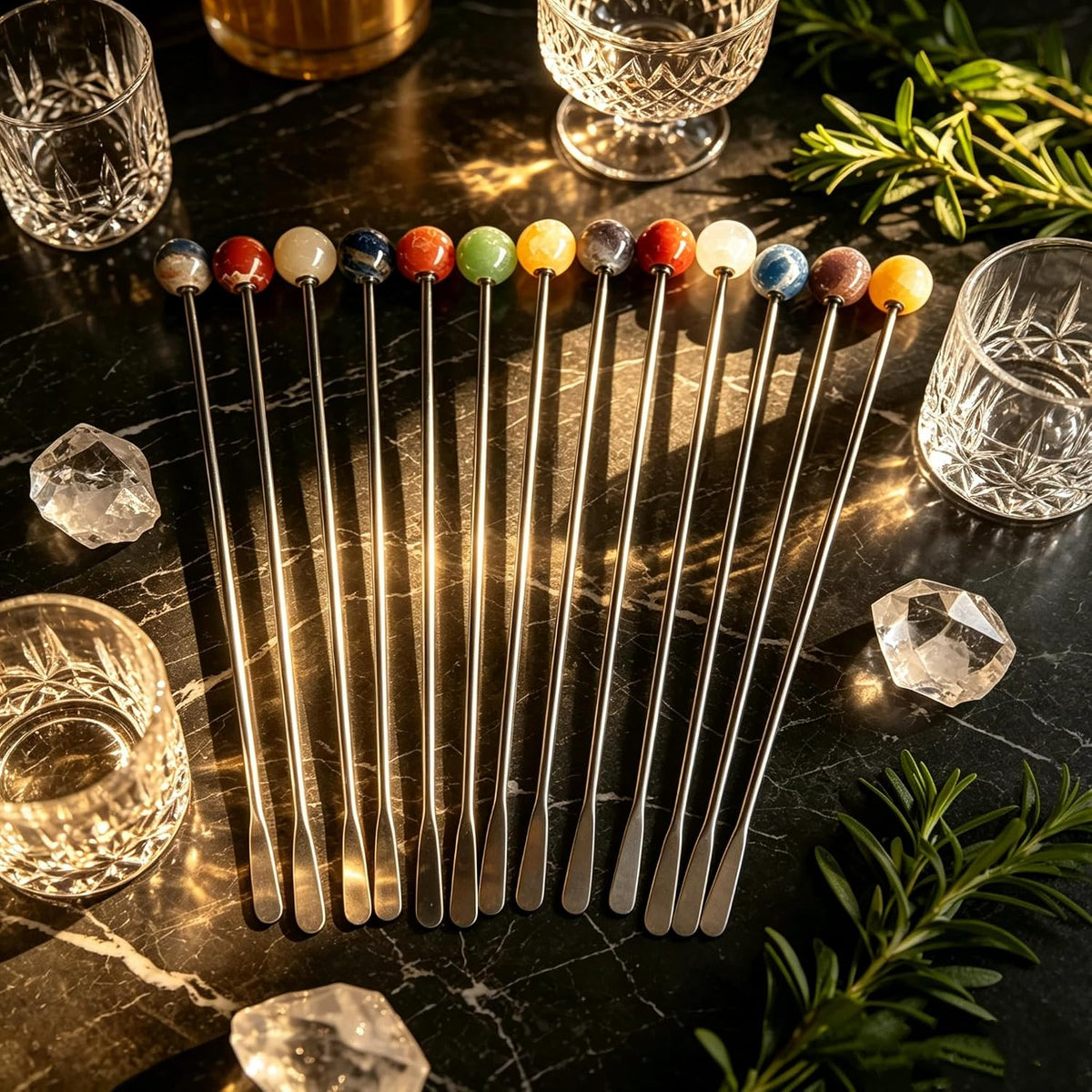 Homestia 6 Pcs 7.5'' Metal Stir Sticks, Colorful Gemstone Cocktail Stirrers | Reusable Stainless Steel Coffee Stirrer, Drink Swizzle Sticks, Natural Stone Decor Beverage Stir Stirring for Bars Home Use