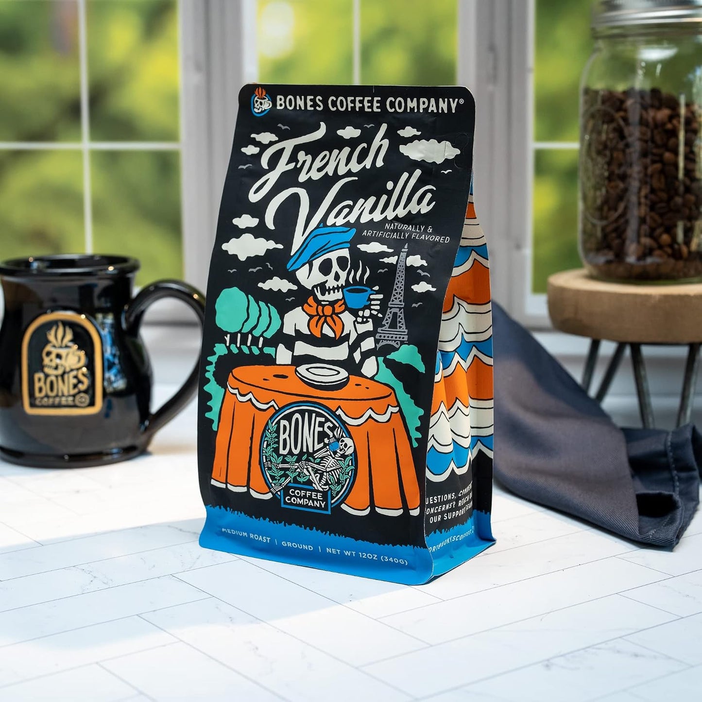 Bones Coffee Company French Vanilla, Creamy Vanilla Flavored Coffee, Medium Roast Low Acid Arabica Beans Compatible with Auto drip and French Press Coffee Maker, 12 Oz Ground