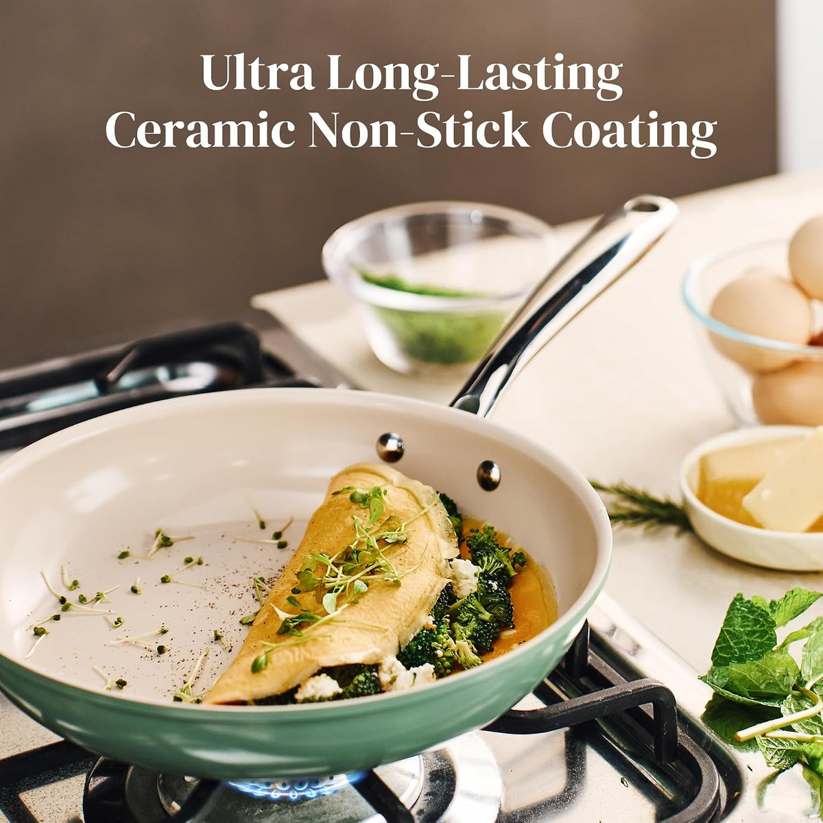 Redchef Non Stick Ceramic Frying Pan Set, Non Toxic Ceramic Pans for Cooking, 8" 9.5" 11" Skillet Set, No PFAS & PTFE & PFOA with Stainless Steel Handle, Dishwasher & Oven Safe Max up to 842°F (Green)