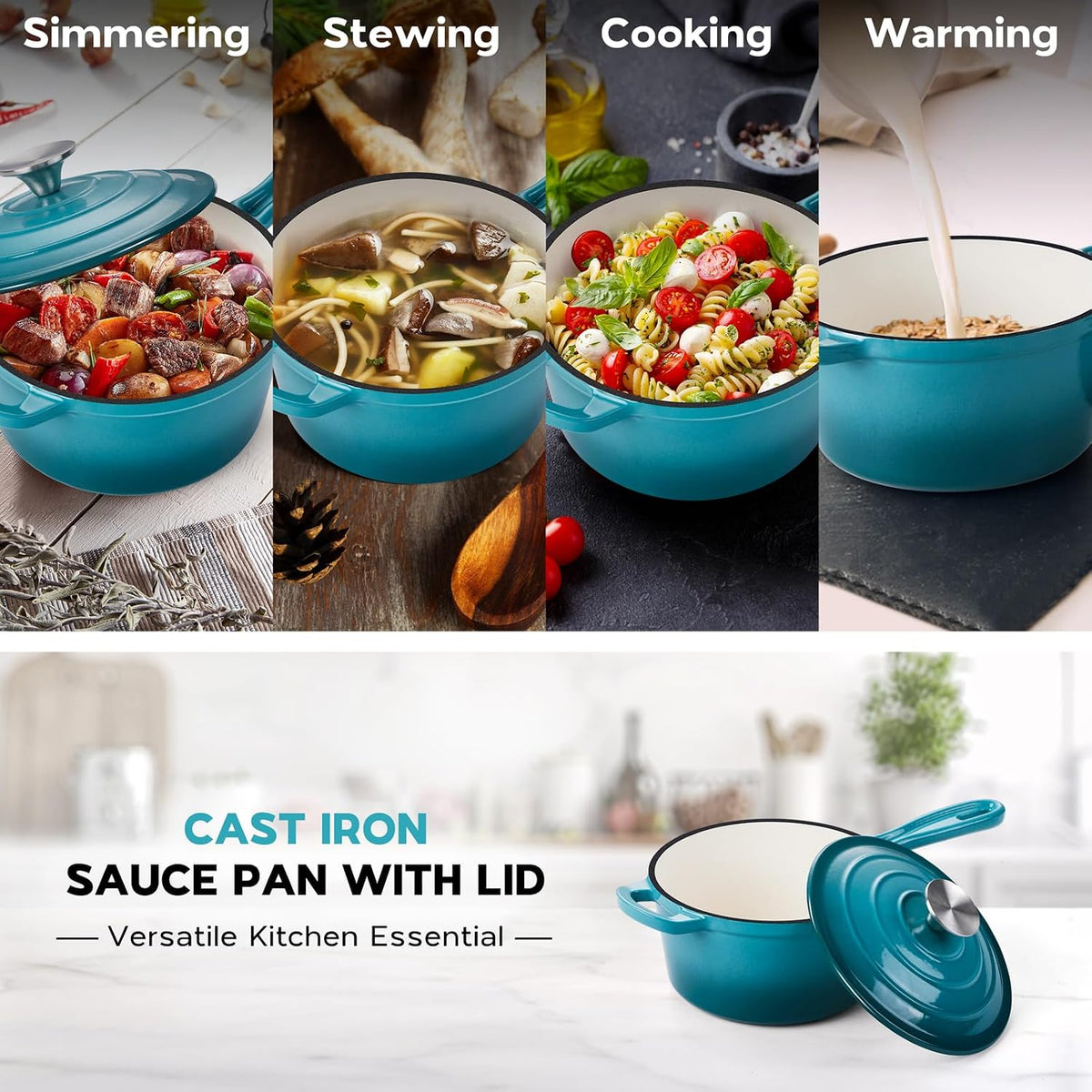 1QT Saucepan with Lid, Onader Enameled Cast Iron Sauce Pan, Small Cast Iron Pot for Cooking, Enameled Dutch Oven Nonstick & Heavy Duty – Dark Cyan