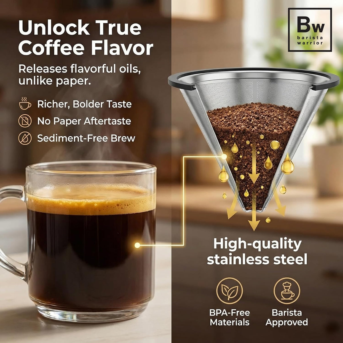 Barista Warrior Reusable Coffee Filter, Pour Over Dripper, Silver