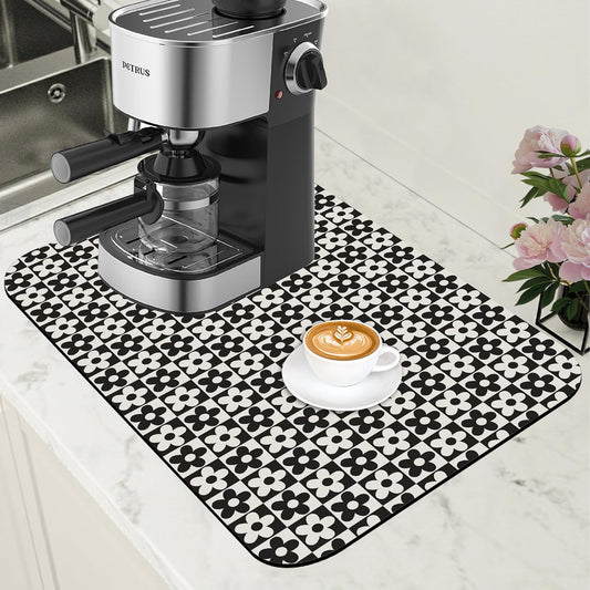 Black and White Checkered Flower Dish Drying Mat for Kitchen Counter Absorbent Coffee Bar Mat with Hide Stain Rubber Backed