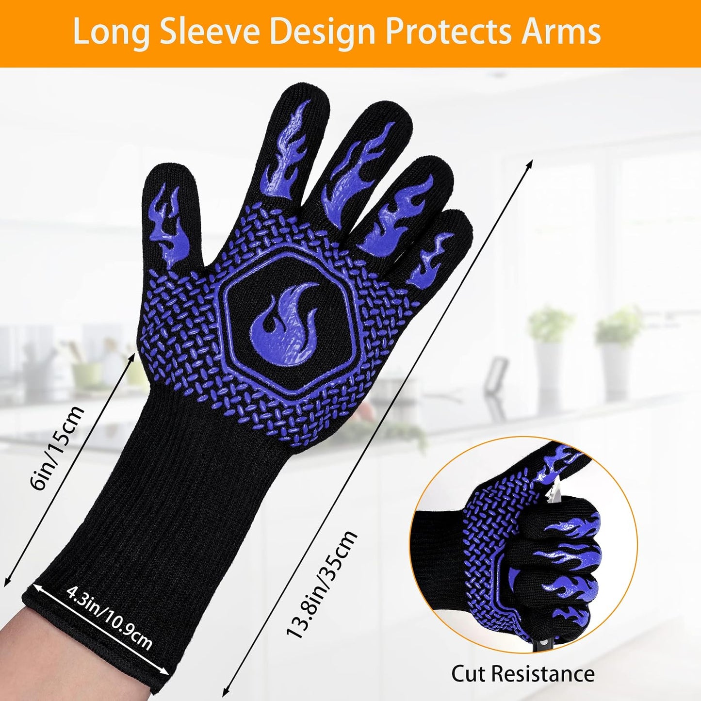 BBQ Gloves 1472F Heat Resistant Non-Slip Silicone 13.5in (Blue) | Grill Cut-Resistant, Oven Kitchen Safe for Barbecue, Cooking, Frying