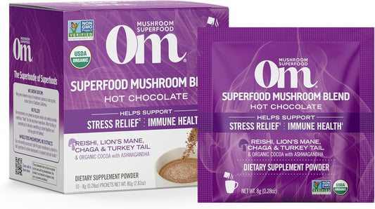 OM MUSHROOM SUPERFOOD Hot Chocolate Blend Mushroom Powder, Single Serve, 10 Count, Dutch Cocoa, 2g of Sugar, 25 Calories,
