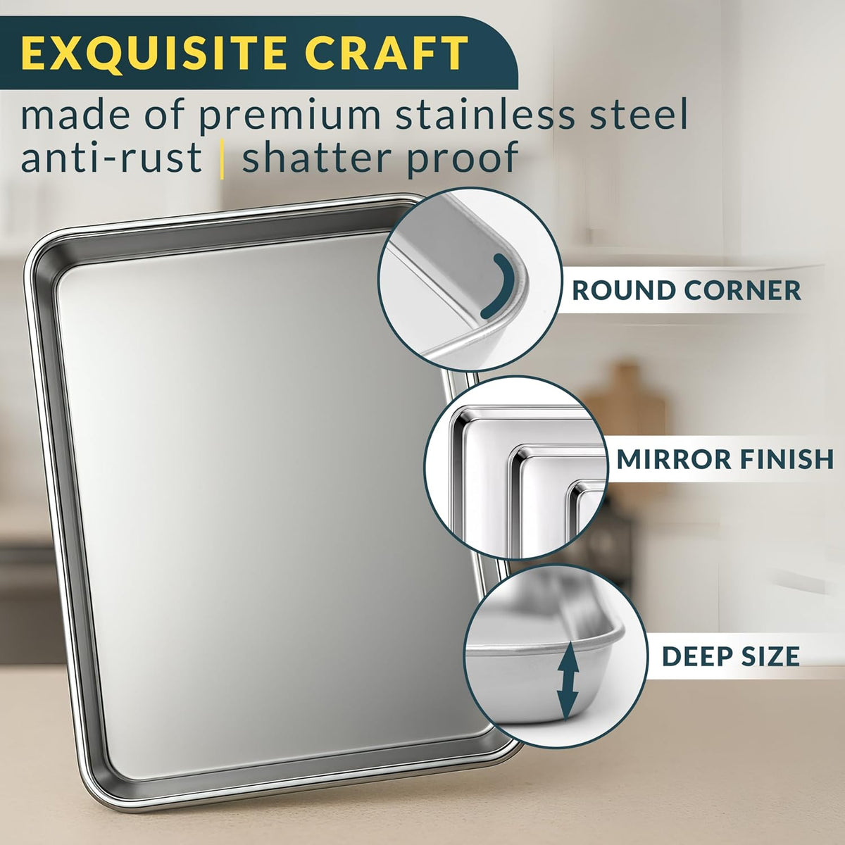 Stainless Steel Cookie Sheet Set of 3, 9/12/16" Baking Sheet Pans | Baking Set of 3, Mirror Finish, Non-Stick, Rust Resistant, BPA Free, Dishwasher Safe, 9/12/16"