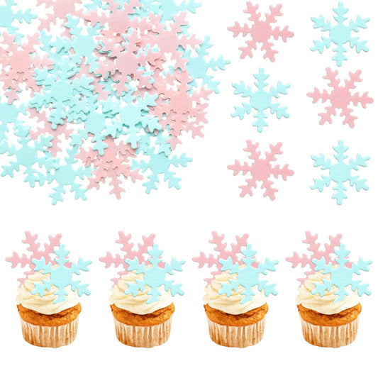 Gyufise 50Pcs Pink Edible Cupcake Cake Toppers Snowflake Cake Decorations for Christmas Winter Frozen Theme Party Supply
