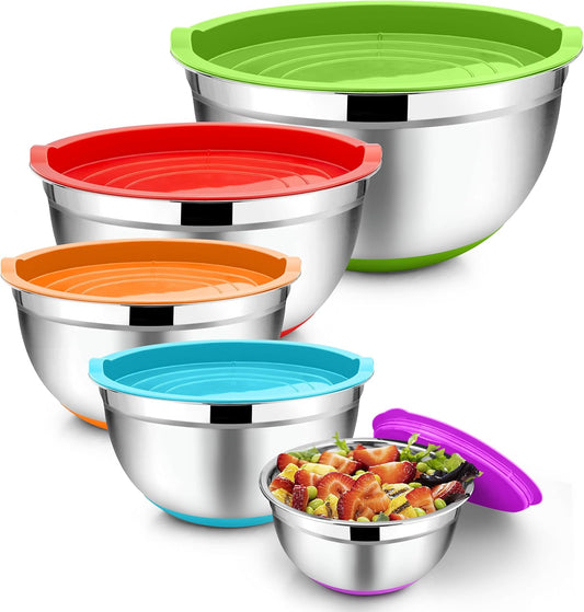 TeamFar Mixing Bowls with Lids Set, 1/1.5/2.5/3.5/7 QT, Stainless Steel Large Metal Nesting Salad Bowl Set of 5, Healthy &