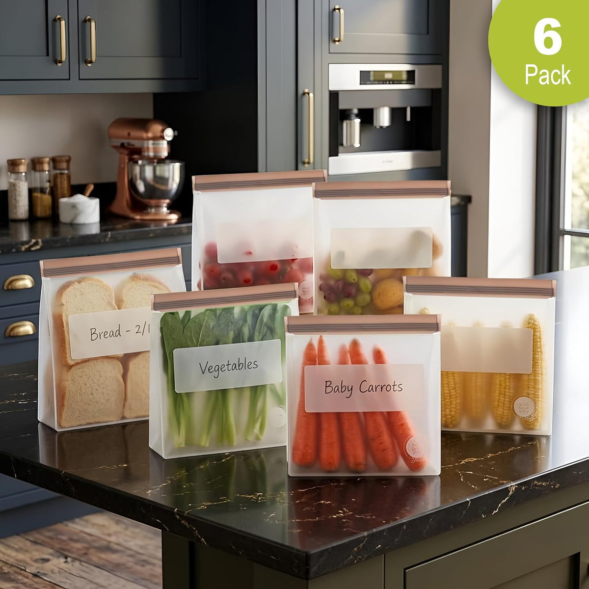 Reusable Silicone Food Storage Bags – 6-Pack Stand-Up, BPA-Free, Freezer, Dishwasher Safe & Eco-Friendly – 6 Gallon Bags – Airtight Leakproof, Organization and Storage Baggies (Grey)