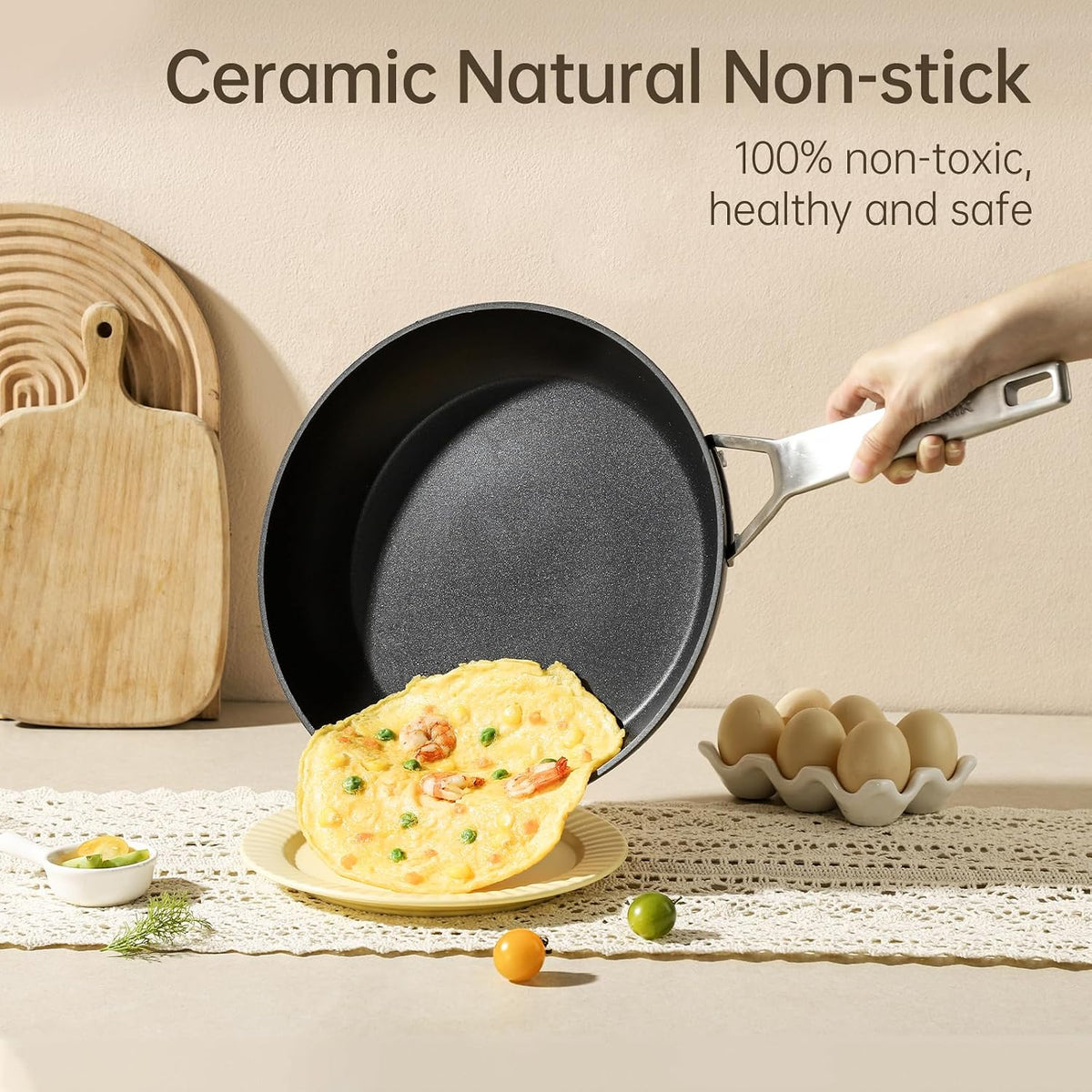 MsMk 12 Inch Nonstick Frying Pan with Lid, Titanium and Ceramic Nonstick skillet with lid, PFOA Free, Non-Toxic, Stay-Cool Handle, Scratch-resistant, Dishwasher Safe, Oven Safe to 700°F