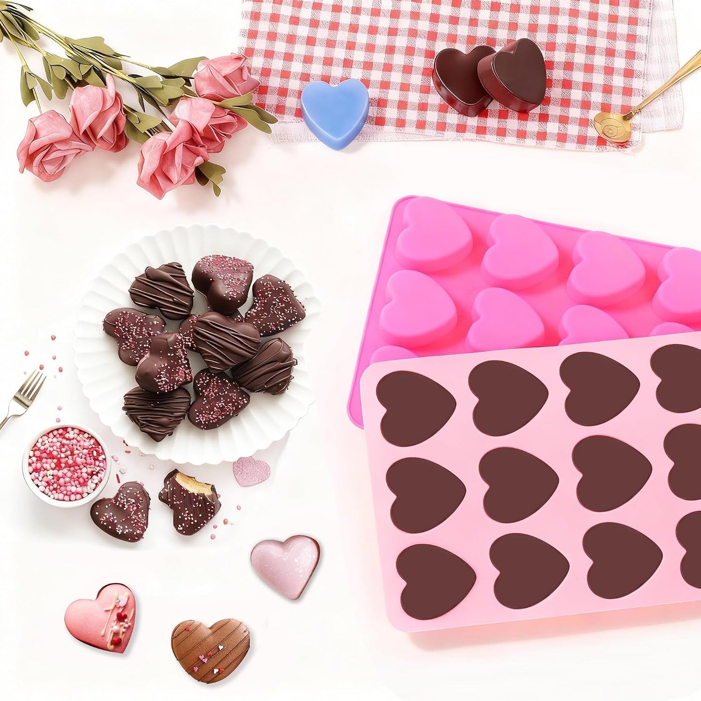 Heart-Shaped Silicone Chocolate Molds - Set of 2, Perfect for Mother's Day, Non-Stick Candy Heart Molds for Baking, Candy, Gummy, Cake, Jelly, Pudding, Handmade Soap Mould