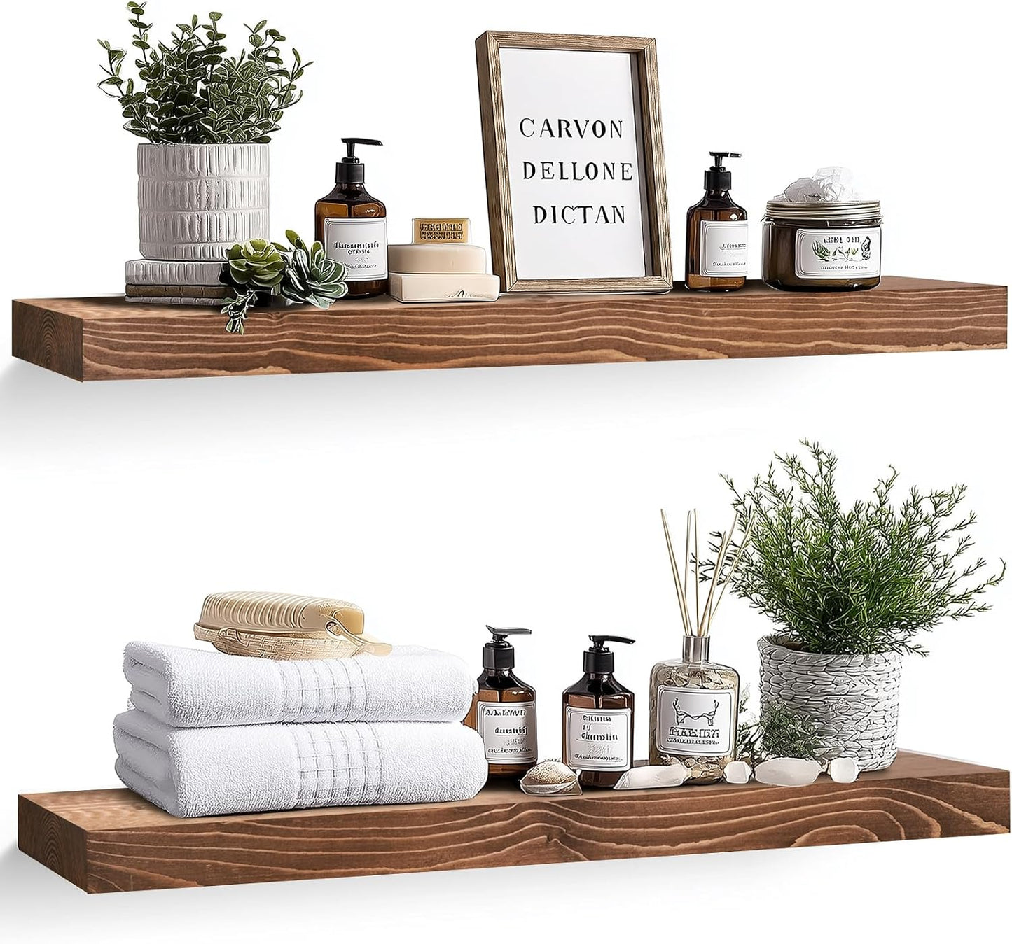 Solid Wood Floating Shelves, 36 Inch Wall Shelves, Set of 2, Brown