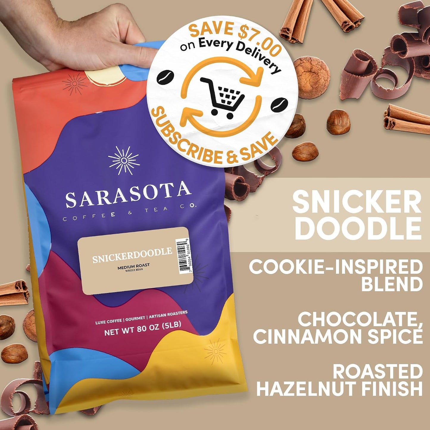 Sarasota Coffee Whole Bean Snickerdoodle Sugar Cookie | Medium Roast Gourmet Flavored Coffee Beans | Low Acid, Mold Free, Specialty Grade Bulk Coffee Beans | 5lb (80 oz)