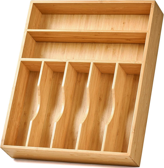 Umilife Bamboo Kitchen Drawer Organizer, 13 Inch Silverware Utensil Tray Holder, Extra Deep Grooved Drawer Divider, 7 Slots