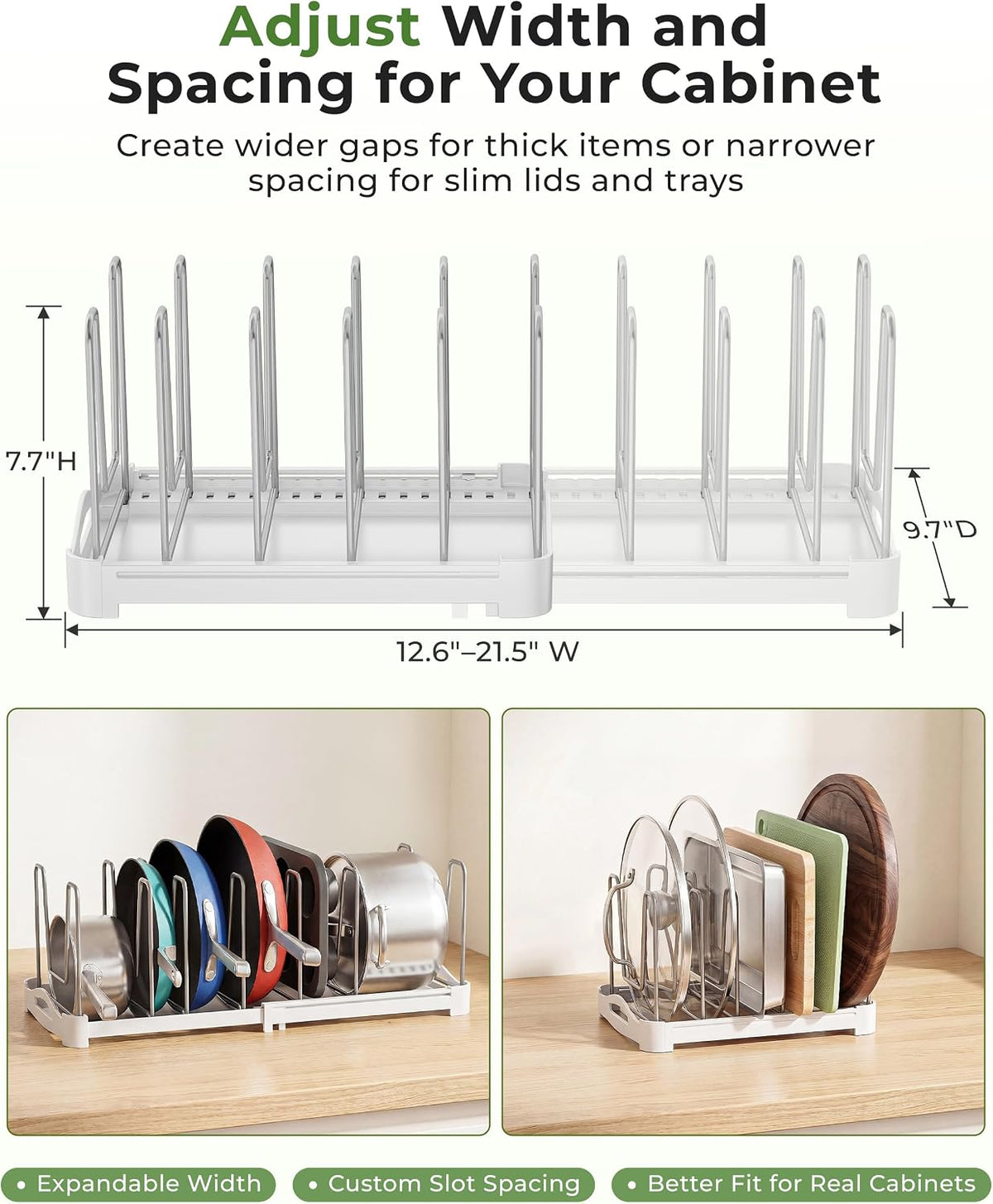 EVERIE Pot Lid Organizer, Adjustable 12.6"-21.5" Bakeware Rack for Cabinet