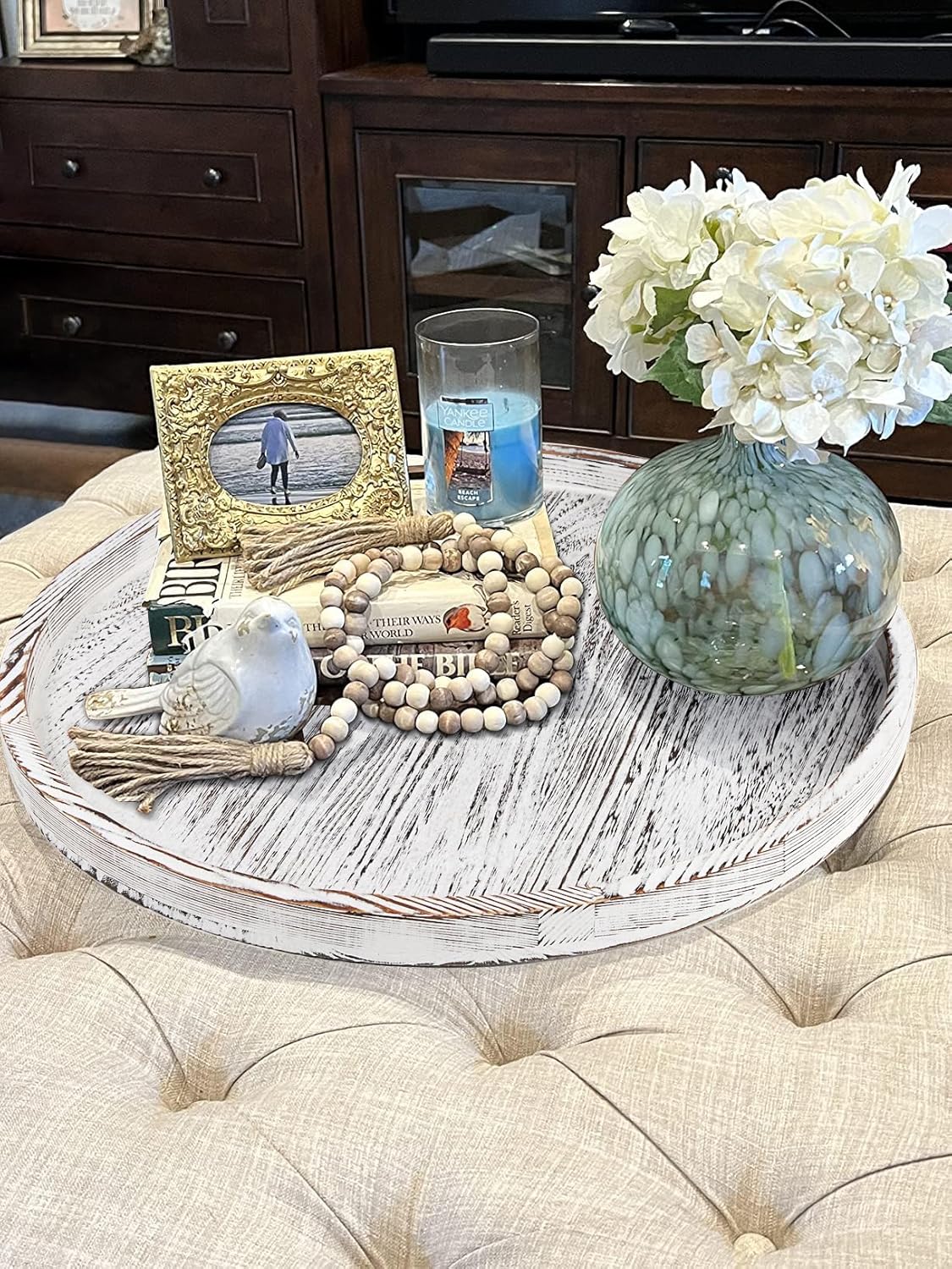 Extra Large Round Ottoman Table Tray 20" - Rustic Wooden Serving Tray for Farmhouse Decorative Oversized Coffee Table Trays Living Room Kitchen Counter Breakfast White