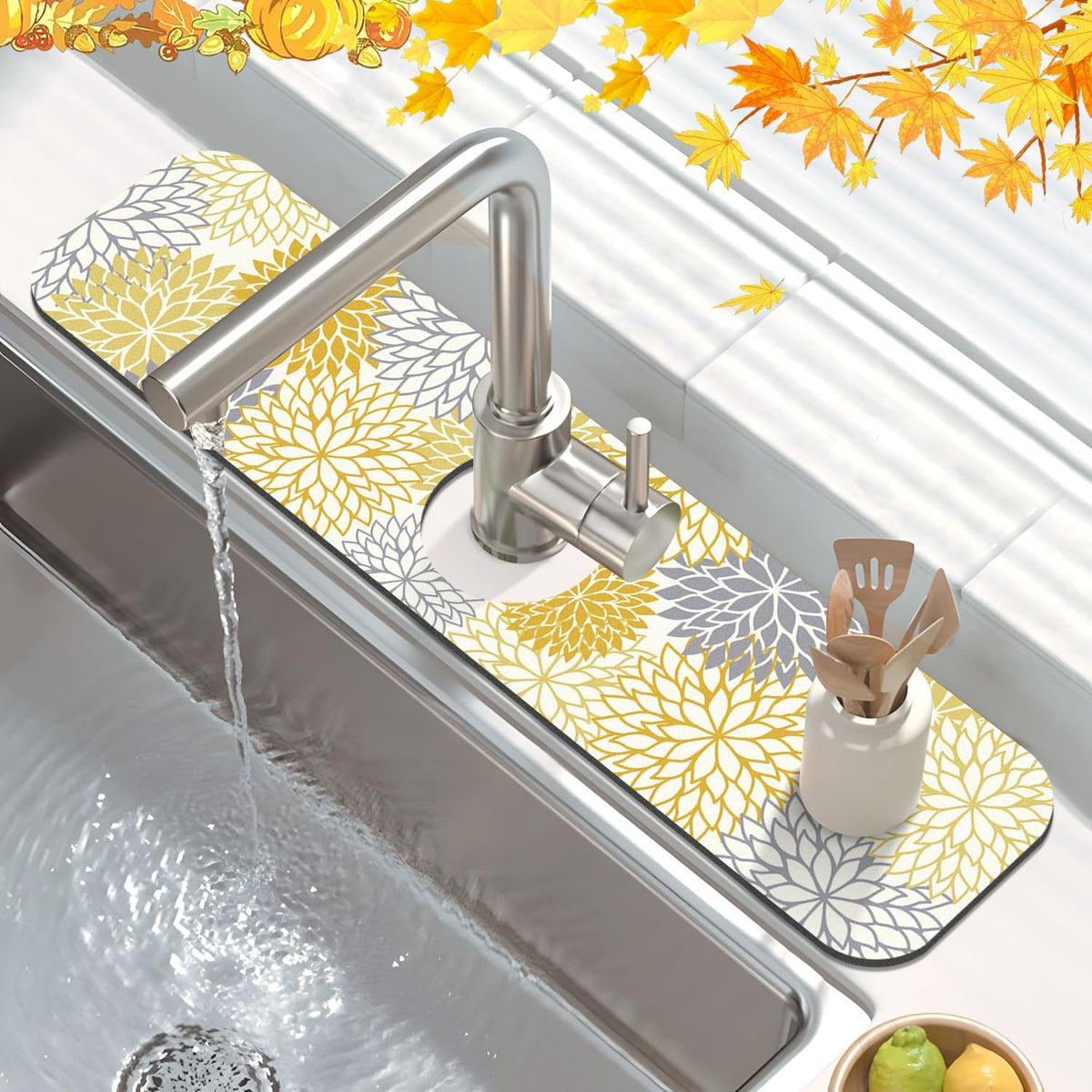 Findosom 2PCS 12" x 20" Fall Dish Drying Mat & 24" x 5.5" Sink Splash Guard, Super Absorbent & Cuttable Dish Mat Drying Kitchen Mat with Yellow Floral, Hide Stain Drying Mat for Kitchen Counter