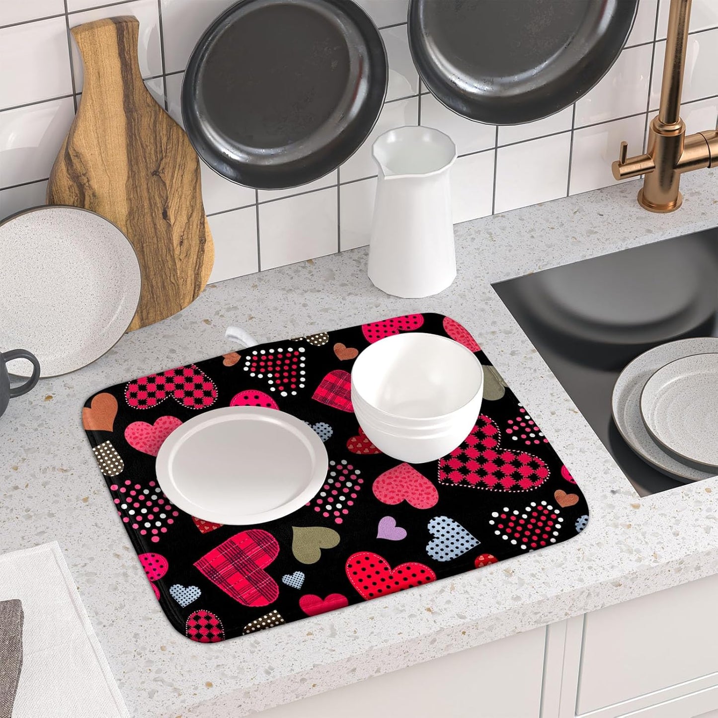 Happy Valentine's Day Black Dish Drying Mat for Kitchen Counter,Pink Love Heart Drying Mat 16 x 18 Inch with High Absorbent Microfiber Drainer Mat for Coffee Bar