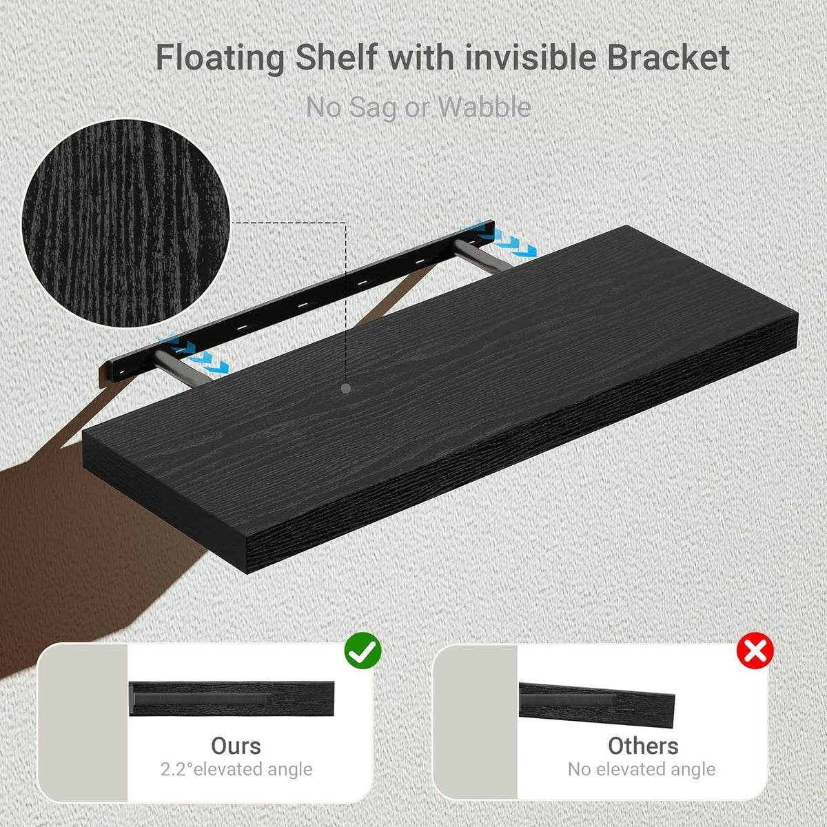 Vivelove Deep Floating Shelves for Wall 24 inches Long Set of 2, Black