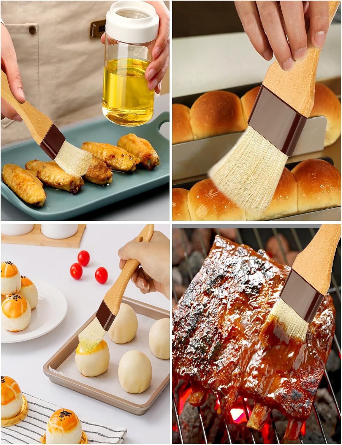 Natural Bristle Basting &amp; Pastry Brush Set - 1.5"&amp; 1" Food Grade Cooking Brushes, Not Shedding, for Turkey Basting, Butter, Egg Wash, Baking (4 Pc)