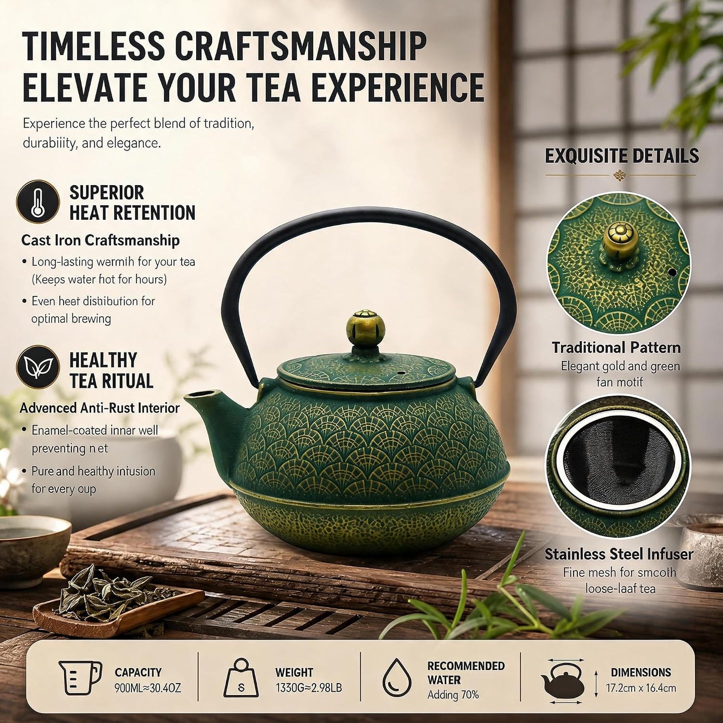 30.4oz Small Cast Iron Tea Kettle Teapot for Stovetop,Green Tea Pot | Coated with Enameled Interior, Kettle with Strainer for Loose Leaf, Chinese Cute Teapot