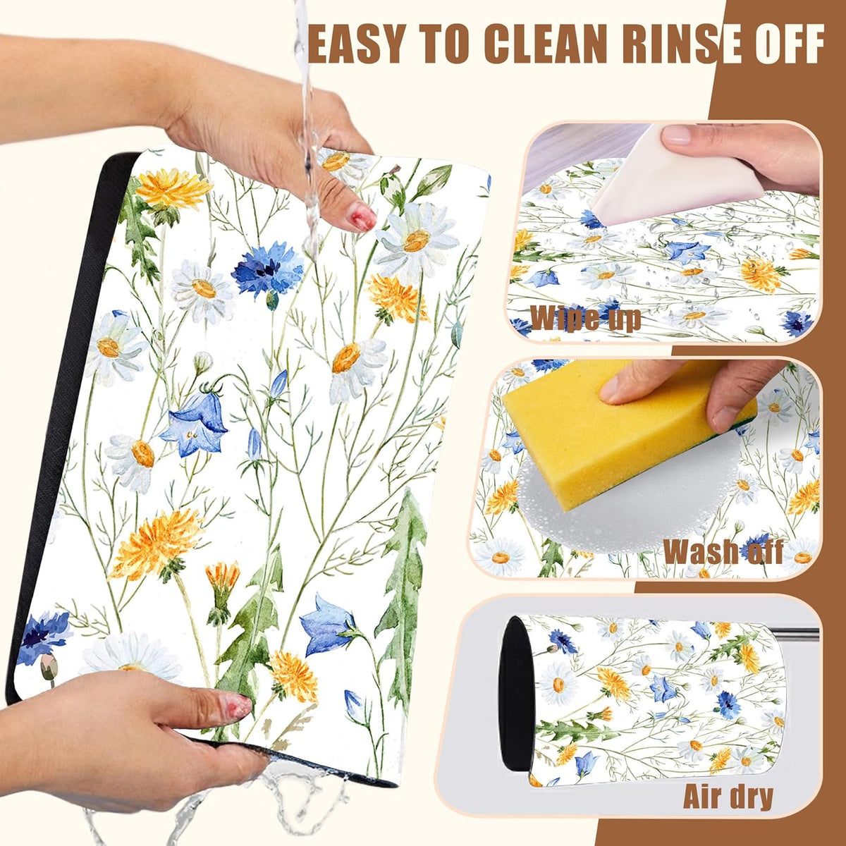 Watercolor Wildflower Dish Drying Mat for Kitchen Counter Hide Stain Absorbent Drying Rack Pad Rubber Backed Coffee Mat Espresso Machine Coffee Bar Accessories 11.8 x 19.7 Inch
