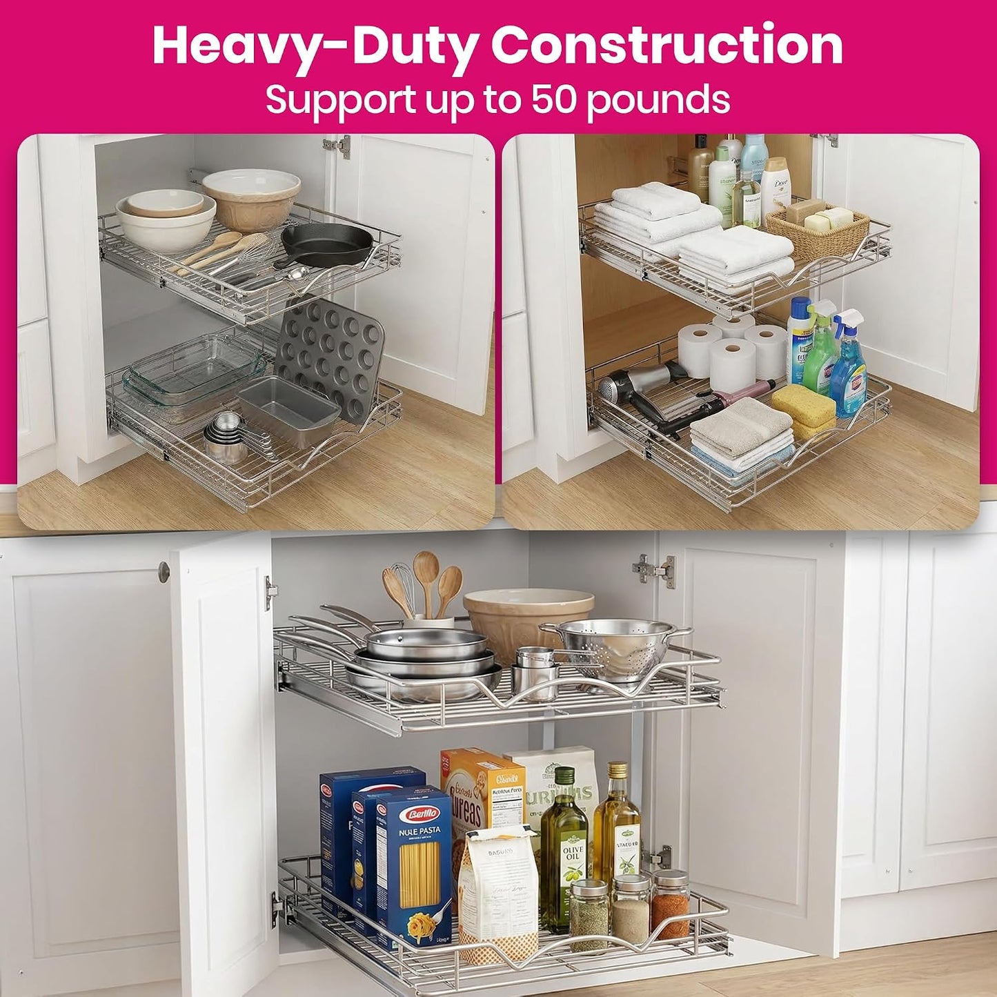 2-Tier Pull-Out Cabinet Organizer for Kitchen, 17" W x 21”D x 16.5" H