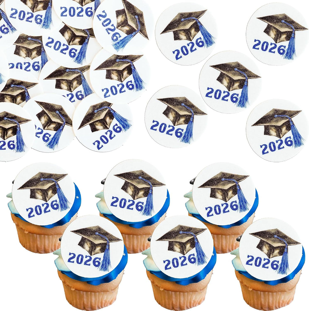 Gyufise 48Pcs Edible 2026 Graduation Cap Cupcake Toppers Wafer Paper Class of 2026 Grad Cap Cupcake Picks for 2026 Graduation