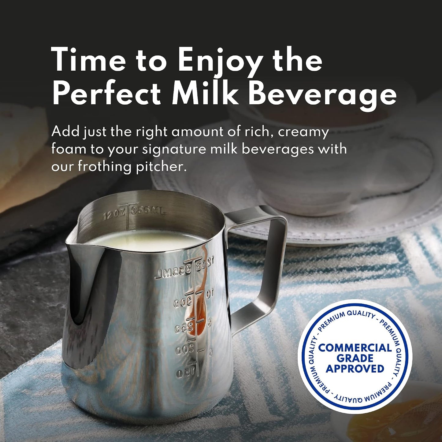 New Star Foodservice 28805 Stainless Steel Frothing Pitcher, 12 oz Espresso Milk Steaming Cup with Measurement Scale, Commercial Grade 18/8 Barista Pitcher for Lattes, Cappuccinos, Coffee, Silver