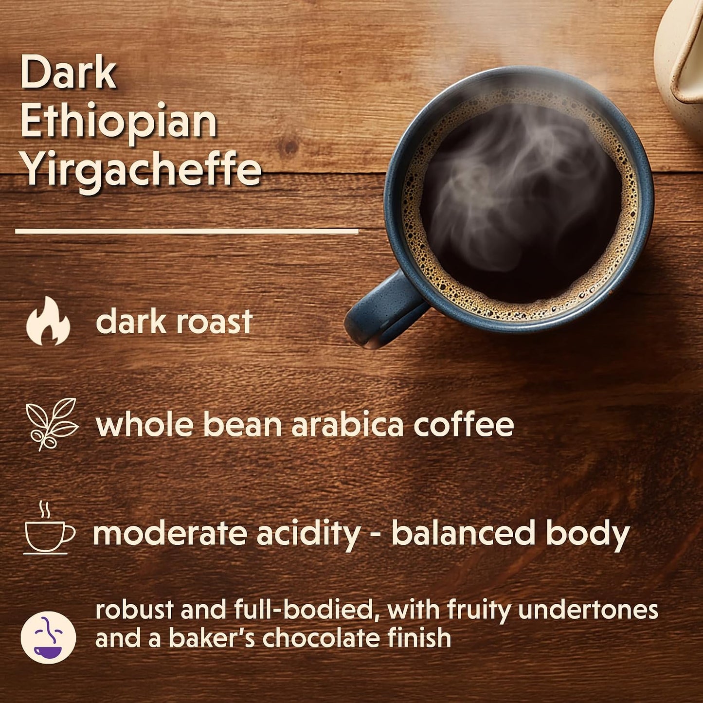 Coffee Bean Direct Dark Ethiopian Yirgacheffe, Whole Bean, 2.5lb Bag | Dark Roast, Single Origin Arabica Coffee Beans