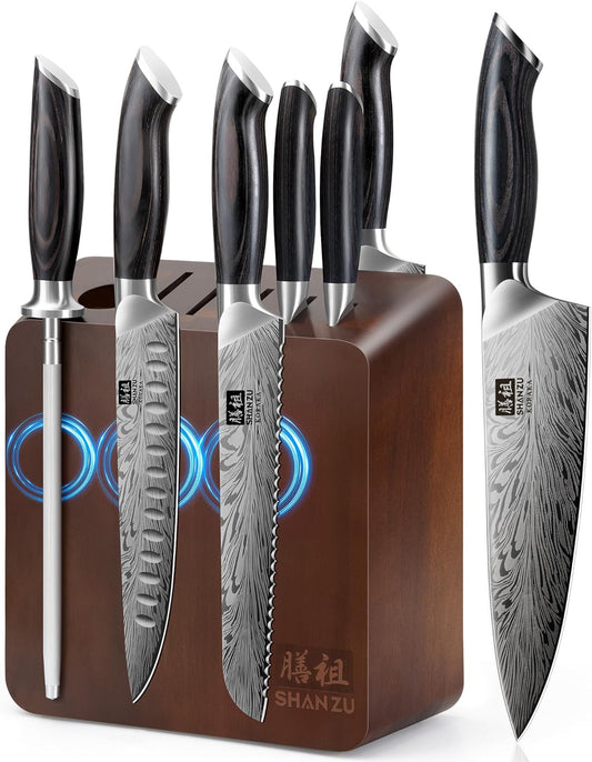 SHAN ZU Kitchen Knife Set with Double Sided Magnetic Knife Block, 7PCS Knives Block Sets in Powder Steel Ultra Sharp