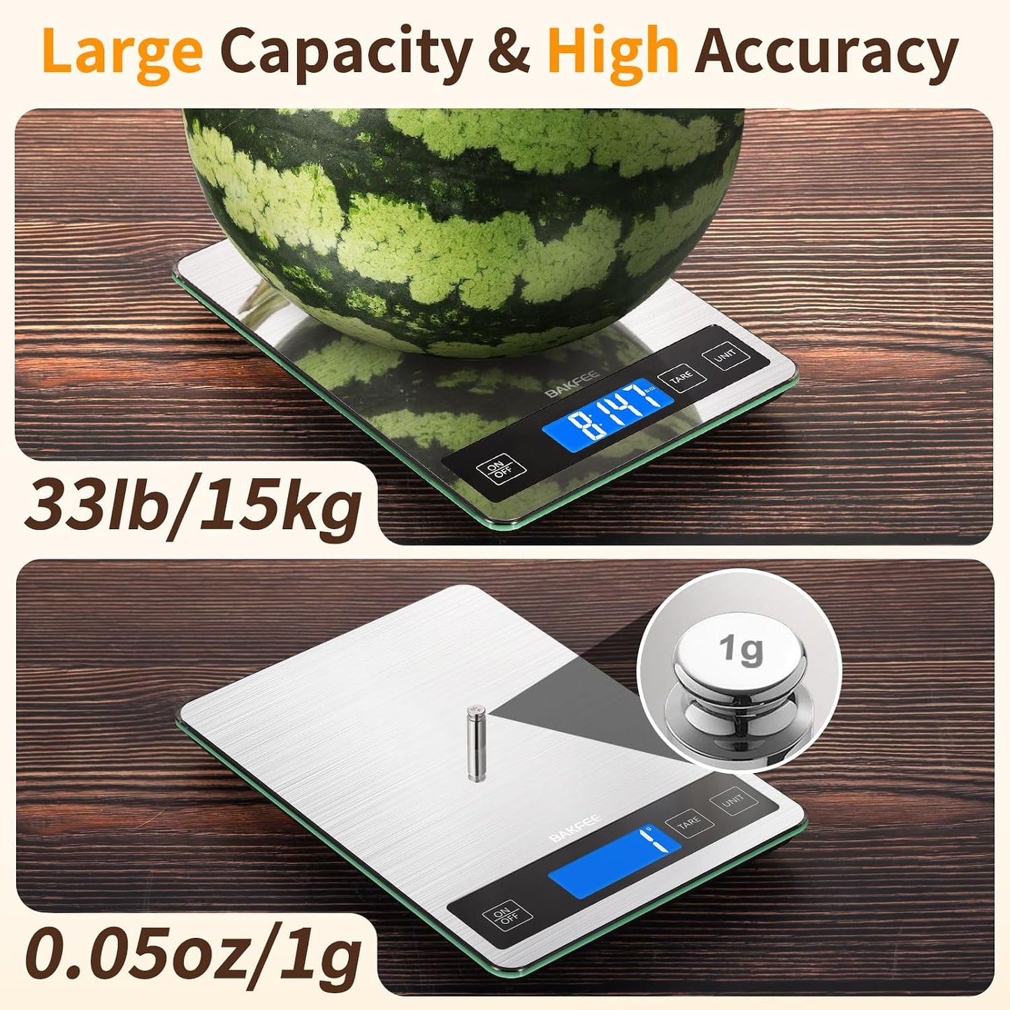 Food Scale, 33lb Kitchen Scale with 1g Precision, for Cooking, Black | Premium Stainless Steel &amp; Tempered Glass, Splash-Resistant Sturdy Surface, 5 Units, Tare, Baking &amp; Meal Prep