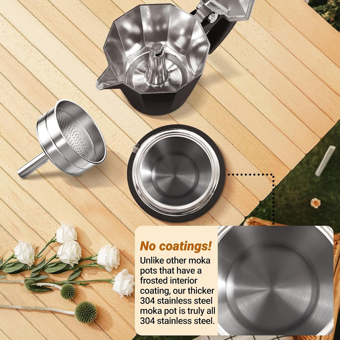 No Coating 6 Cup Aluminum and Stainless Steel Moka Pot Stovetop | Espresso Maker Italian Coffee Machine 350ml 11.84oz Suitable for Gas Induction Stovetop Greca Coffee Maker Black