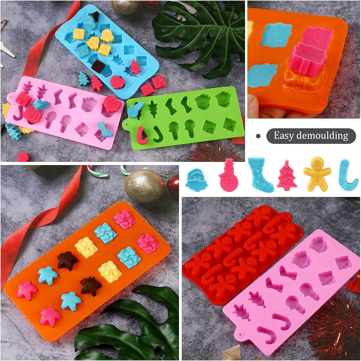 Christmas Silicone Chocolate and Candy Molds, Small Baking Molds for Cake Toppers, Santa Clause Snowman Christmas Tree Presents Gingerbread Stockings Star Candy Cane Molds 6Pcs