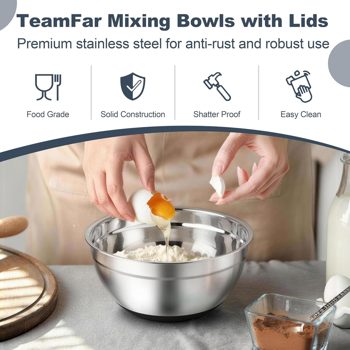TeamFar Mixing Bowls, Stainless Steel Salad Bowls with Lids - Black | Nesting Bowls with Non-slip Bottom, for Kitchen Baking Preparing Serving, Stackable &amp; 6PCS - 4.6 /2.6 /2 / 1.5 /1 / 0.7 Qt
