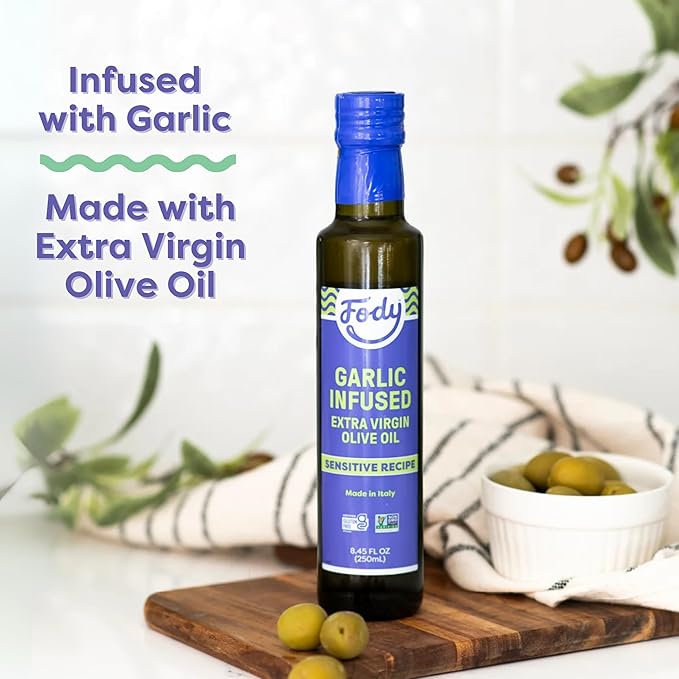 Fody Foods Garlic Infused Extra Virgin Olive Oil, 8.45 Oz, Low FODMAP Certified, Gut & IBS Friendly, Cold-Pressed, Vegan, Non-GMO, Gluten Free, Made in Italy