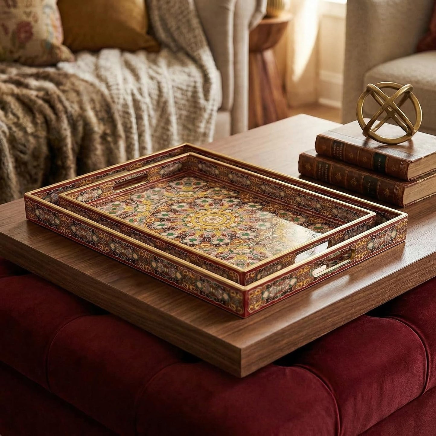 2pcs Boho Red Decorative Serving Tray, Modern Plastic Tray with Handles for Coffee Table, Living Room, Ottoman, Home Decor, Large, 15.7"*11.8"*1.6", Small 13.7"*9.8",