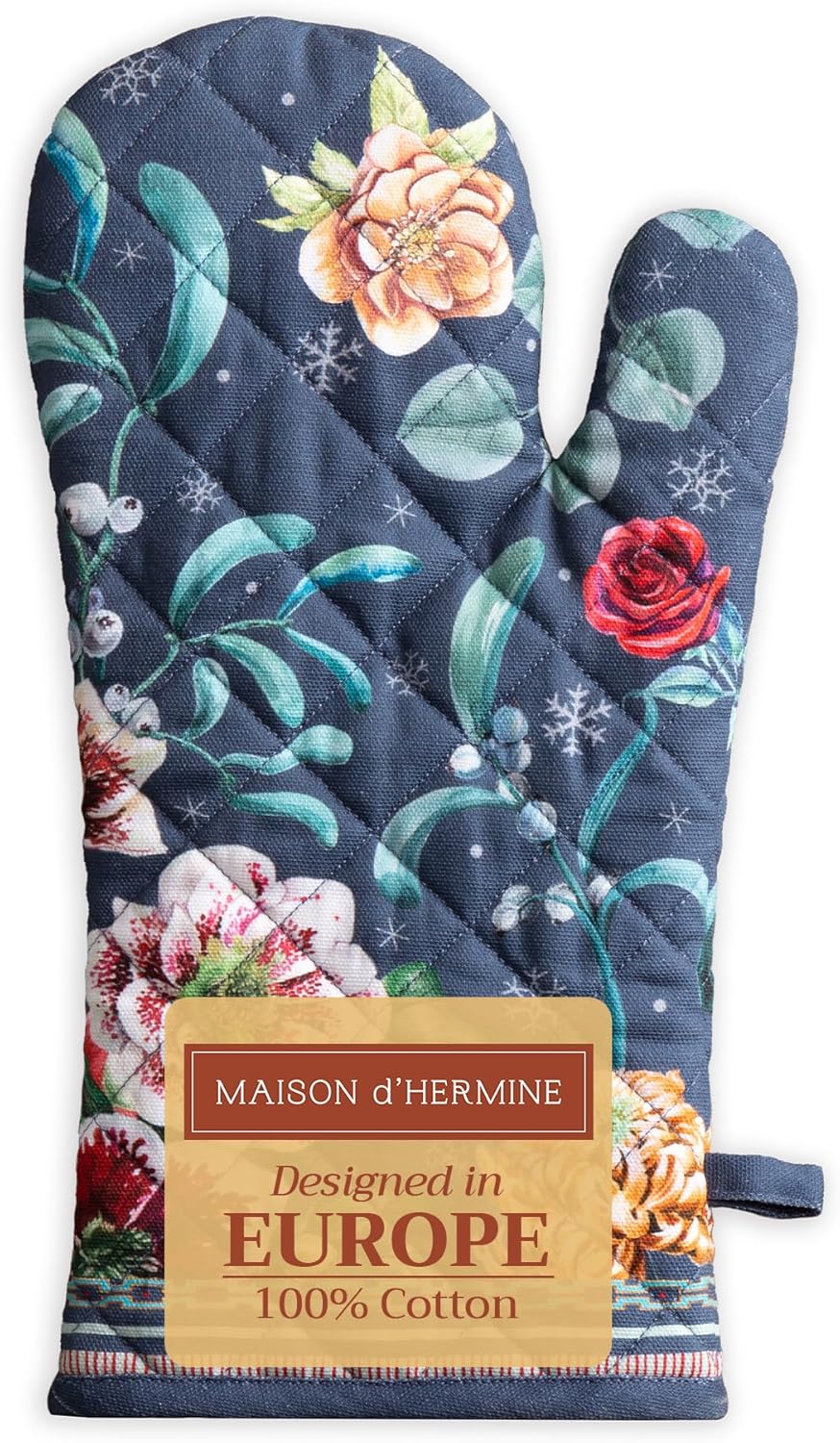 Maison d' Hermine Oven Gloves 100% Cotton Oven Mitt 7" x 13" with Loop Heat Resistant, BBQ, Cooking Gloves, Baking, Grilling, Kitchen, Handling Hot Pans (Pack of 1, Christmas Joy)