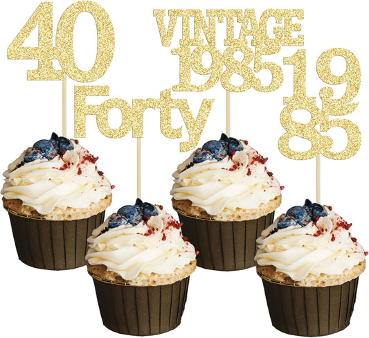 Gyufise 24Pcs Happy 40th Birthday Cupcake Toppers Glitter Forty 40 Fabulous Vintage 1985 Cake Toppers for 40th Birthday