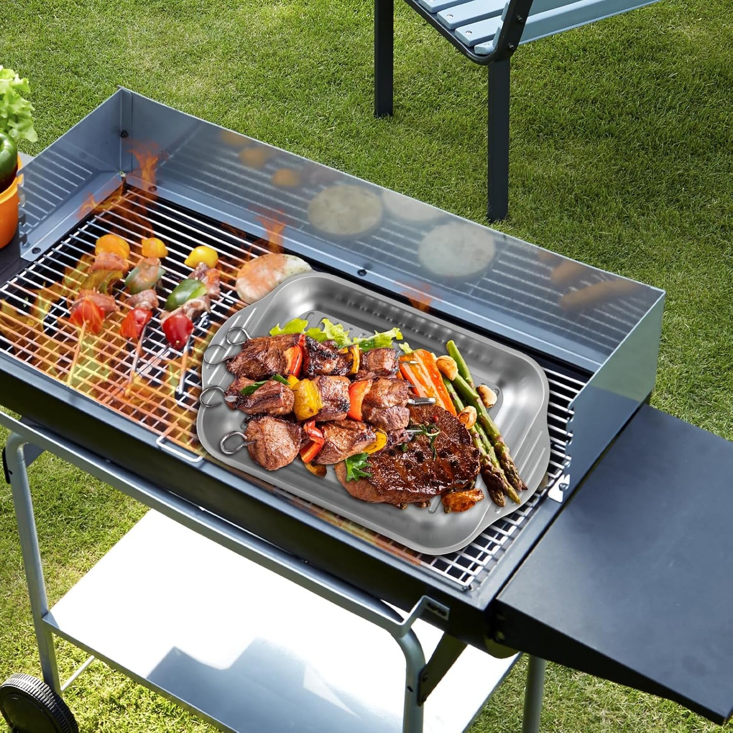 4 Pcs Grill Prep Trays Set Stainless Steel Grilling Prep And Serve Trays 2 Marinade Container with Lids and Cutting Board for Vegetables, Fish, Plating Food & BBQ Prep Tub