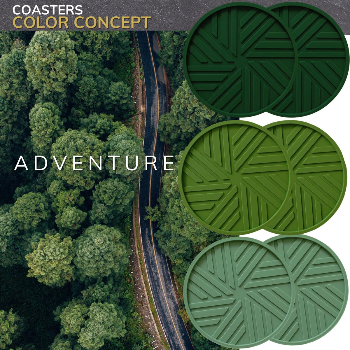 Silicone Coasters Set of 6 with Modern Patterns for Coffee Table Decor - Dark Green Sage