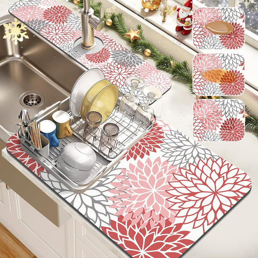 Findosom 2Pcs Floral Christmas Dish Drying Mat &amp; Sink Splash Guard, Red