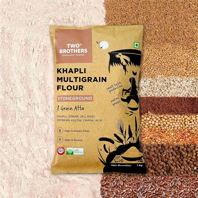 Khapli Multigrain Atta | Emmer Flour | 8 Super Grains Flour Mix | Diabetic Friendly | High Fibre & High Protein | Low GI Atta | Emmer, Jowar, Jau, Ragi, Soybean , Chickpea | 2kg from Two Brothers Organic Farms