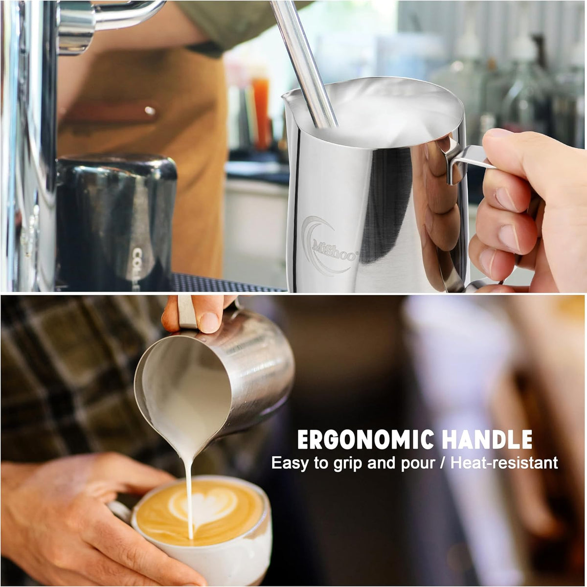MiShoo™ Milk Frothing Pitcher 20oz – 304 Stainless Steel Milk Frother Cup for Espresso, Latte &amp; Cappuccino – Mixing Pitcher with Spouse Rustproof, Precise Pour Spout, Easy-Clean Espresso Accessories