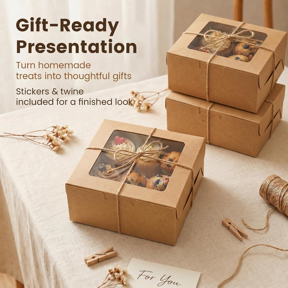 OAMCEG 6x6x3Inch Cupcake Boxes with Window,50 Pcs Cookie Bakery Boxes,Brown