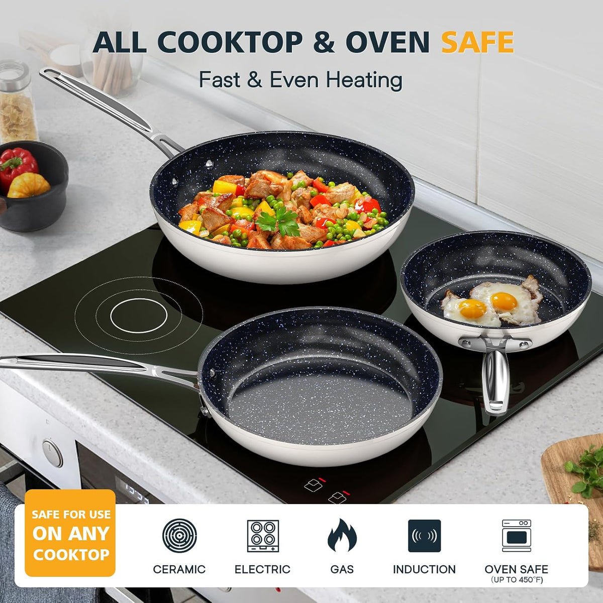Nuwave 3-Piece 8”, 10”, 12” Forged Lightweight Frying Pan Set, G10 Healthy Duralon Blue Ceramic Ultra Non-Stick, Ergonomic Stay-Cool Handles, Induction-Ready & Works on All Cooktops