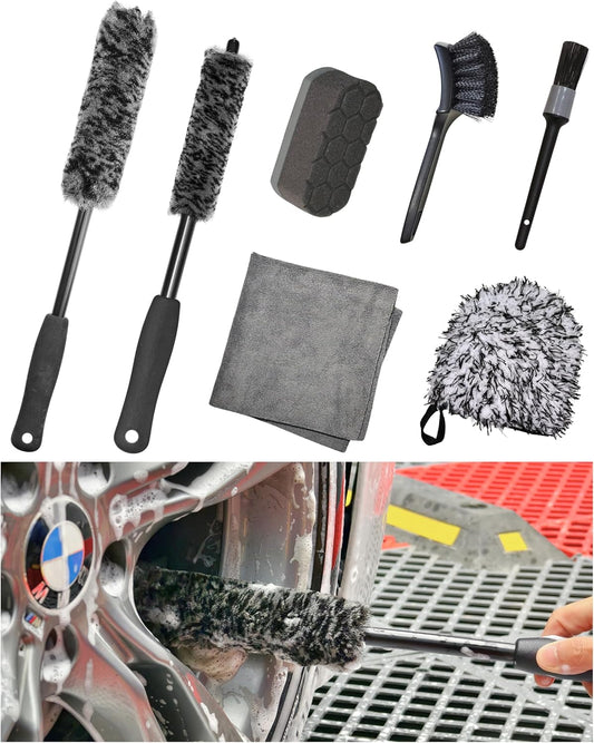 7PCS Pro-Grade Wheel Cleaning Kit: Long Handle Soft Wheel Brushes, Detailing Brush, Tire Scrubber, Wash Mitt, Hex-Logic