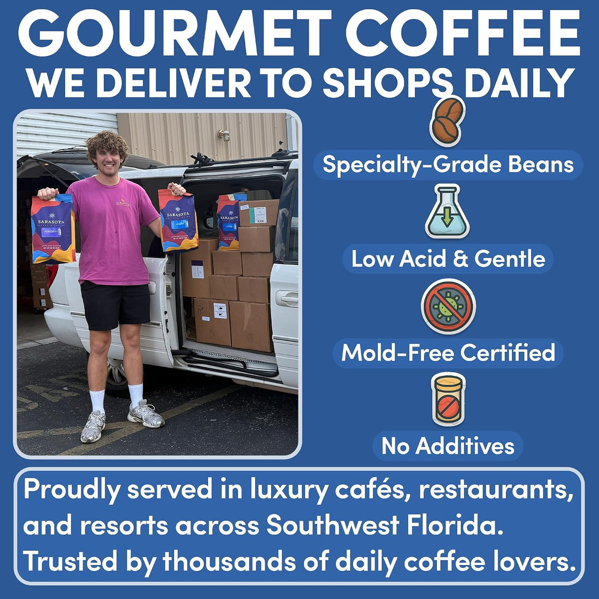 Sarasota Coffee Whole Bean Espresso | Dark Roast Gourmet Coffee Beans | Low Acid, Mold Free, Specialty Grade Bulk Beans | 5lb (80 oz)